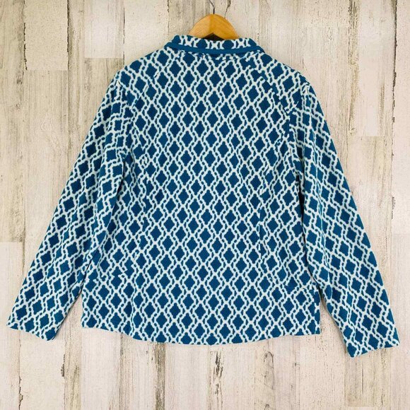 Lands End Pullover Fleece Sweatshirt Large 14-16 Teal Blue White Diamond 1/4 Zip - Picture 4 of 12